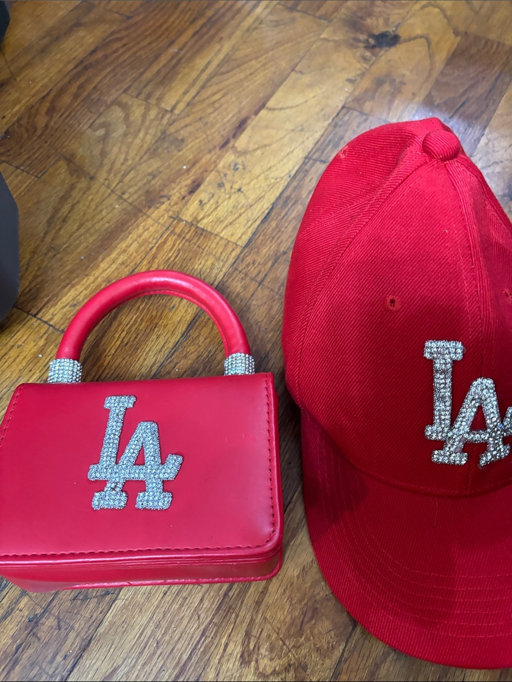 Kids Red LA Rhinestone Baseball Cap and Mini Handbag Set